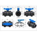 PVC-U Kugelhahn – 63 mm, beidseitig verschraubt, 2 Klebemuffen